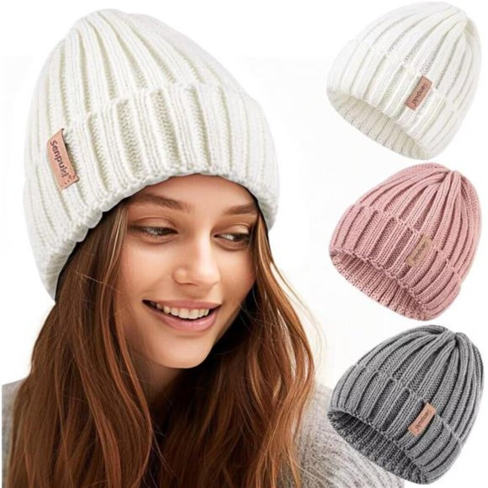 Womens Winter Knitted Beanie Hat 3PCS